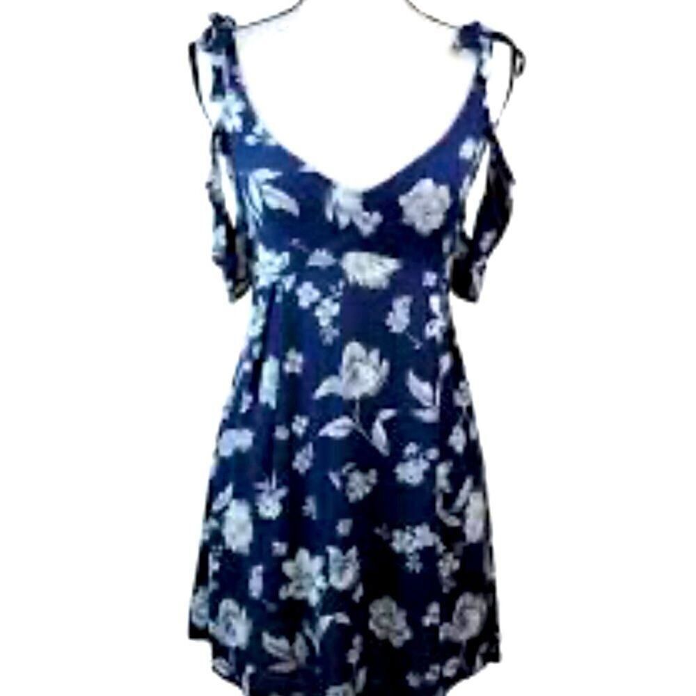 Full Tilt Navy Blue Floral Mini Dress Womens S Tie Shoulders Ruffle Boho